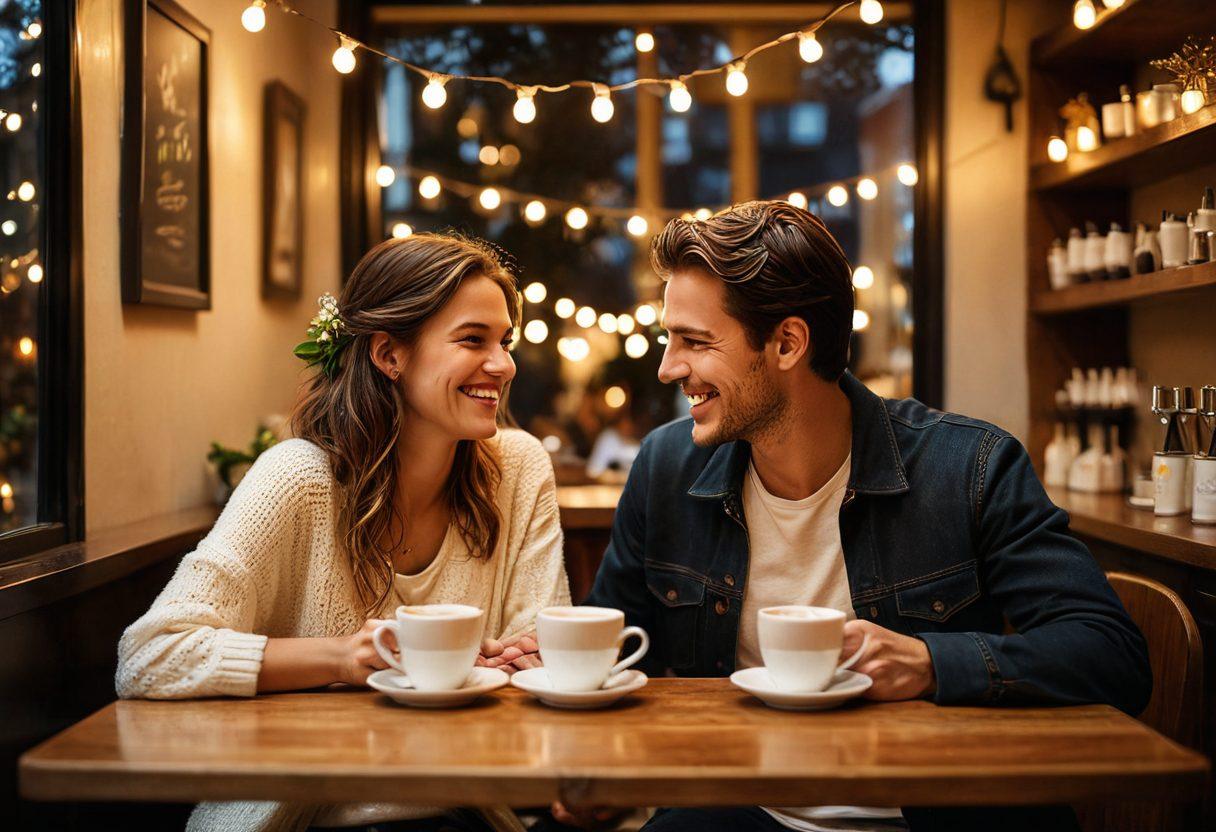 A warm and inviting scene of a couple sitting closely together at a cozy café, sharing a laugh over coffee, surrounded by soft, twinkling fairy lights. In the background, other couples engage in intimate conversations, creating a lively yet romantic atmosphere. Include elements like a heart-shaped coffee foam art and blooming flowers on the tables. The ambiance should evoke a sense of connection and love. super-realistic. vibrant colors. cozy atmosphere.