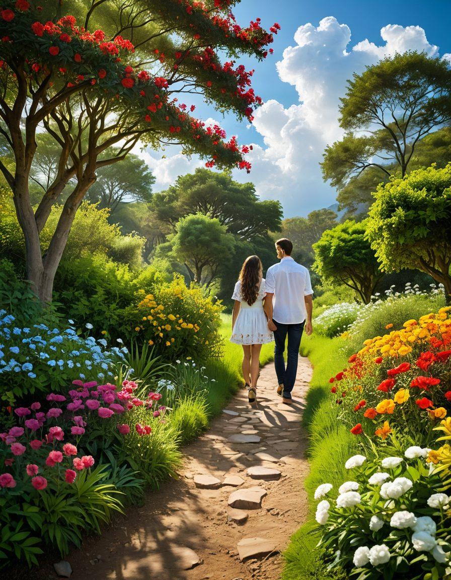 A beautiful, winding path through a lush green landscape symbolizing the journey of love, flanked by blooming flowers representing different stages of a relationship. Include a couple walking hand-in-hand, sharing smiles and laughter, surrounded by soft, warm light that creates a romantic atmosphere. Add subtle heart motifs in the clouds above them. vibrant colors. painting.