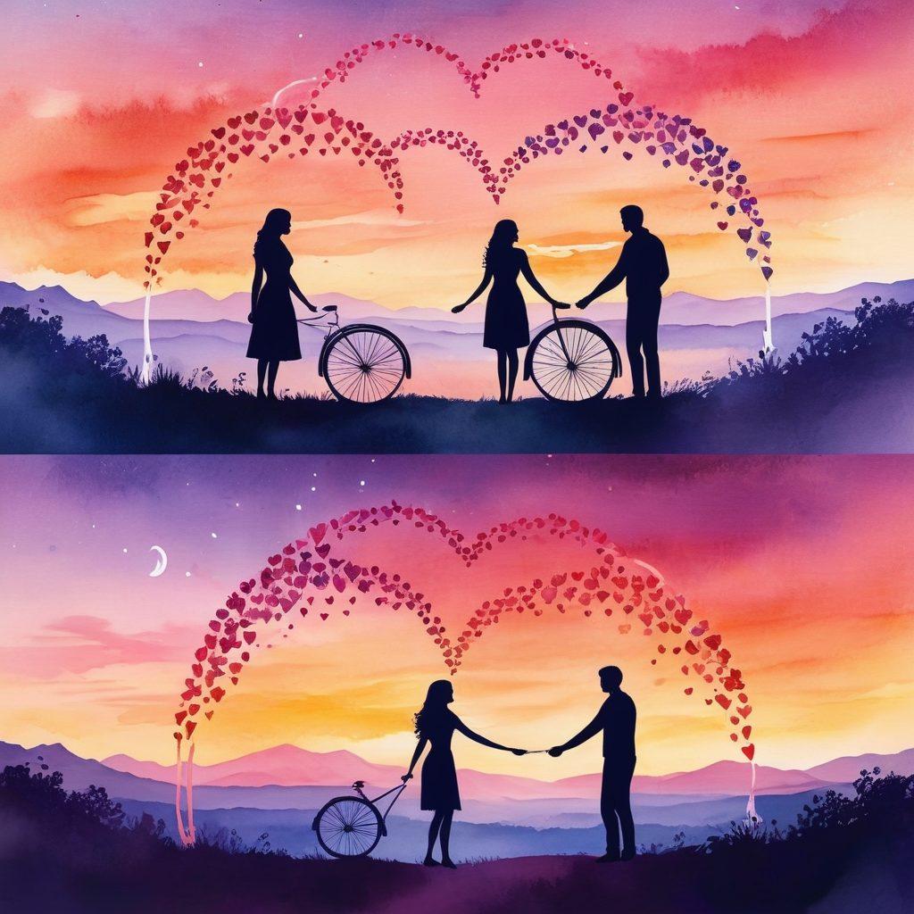 A beautifully illustrated progression of romantic relationships, featuring a timeline with distinct stages like courtship, dating, engagement, and companionship. Each stage depicted with diverse couples in various settings, showing connection and love in soft pastel colors. Incorporate symbolic elements like hearts, flowers, and intertwined hands to convey emotional depth. The background should be a gentle gradient sky transitioning through day and night to represent different phases in relationships. watercolor style. vibrant colors. soft focus.